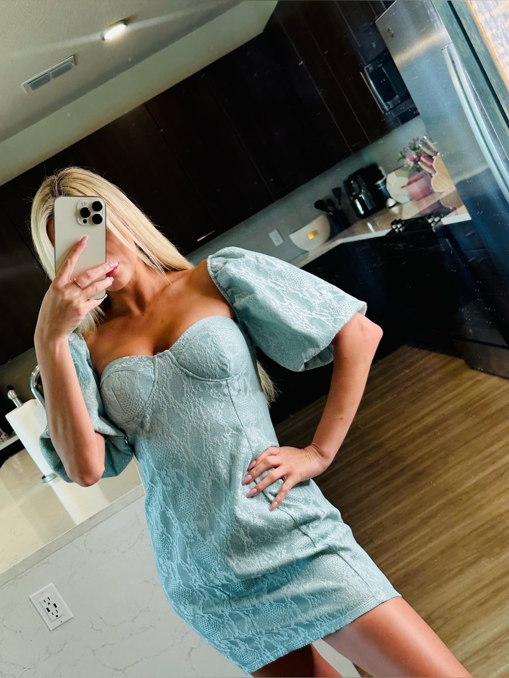 Haute Monde Sweetheart Neck Puff Sleeve Mini Dress in Light Blue